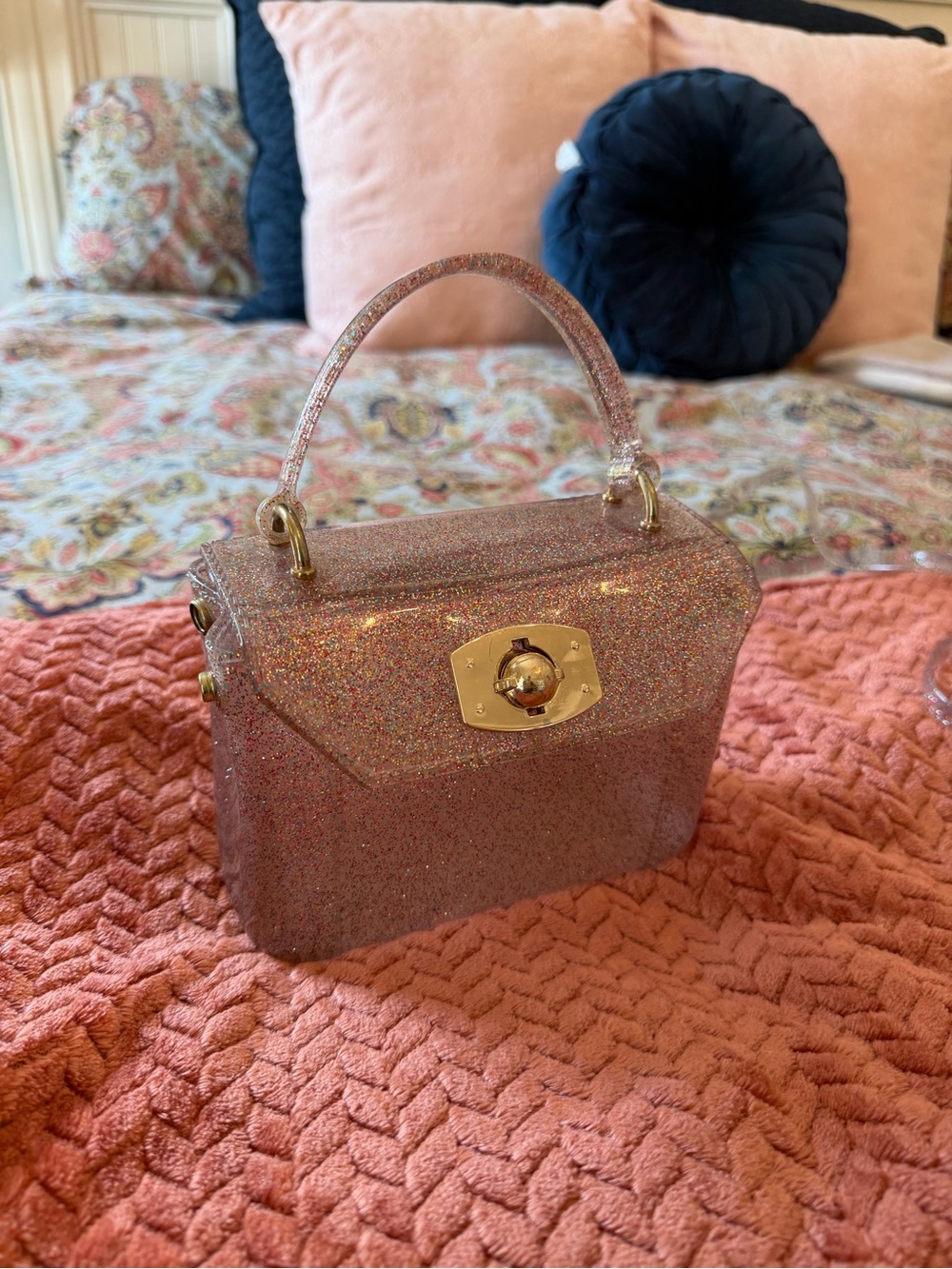 Amiana Glitter Pink Jelly Mini Top-Handle Bag with Gold Hardware